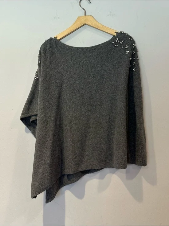 Talbots Women's Cotton Blend Soft Stone Embellished Poncho Gray Sweater - Picture 4 of 6